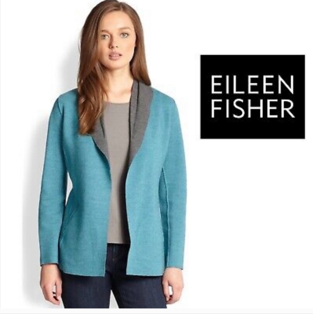 Eileen Fisher Felted Merino Wool Open Wrap Shawl Collar Jacket In Teal/Gray Med